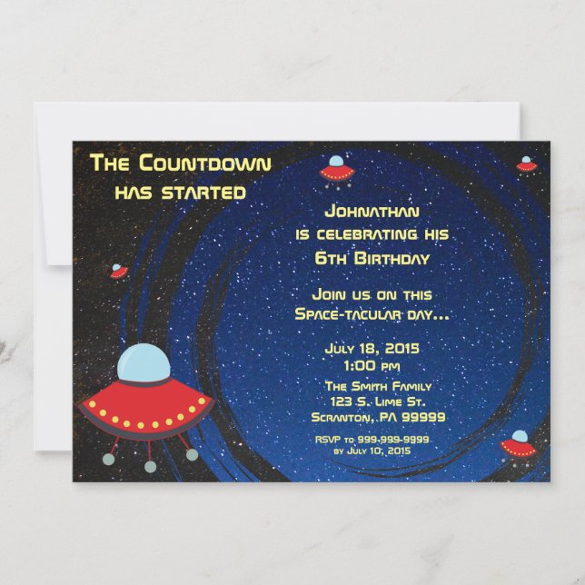 Flying Saucer Countdown Geburtstagseinladung Einladung (Vorderseite)
