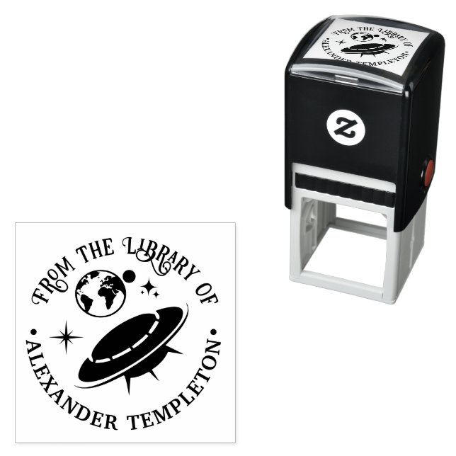 Flying Saucer-Raumschiff in der Nähe der Erdbiblio Permastempel (Beispiel)
