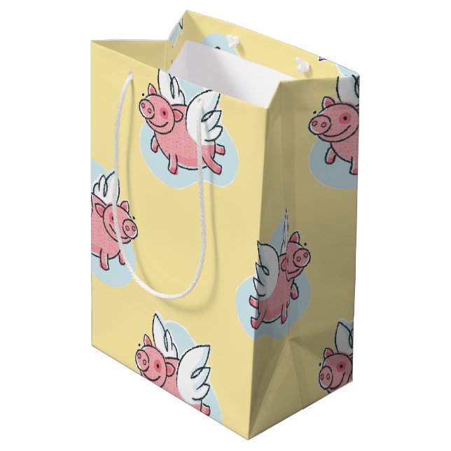 Flying Schweine New Baby Yellow M Geschenktasche Mittlere Geschenktüte (Rückseite Schrägansicht)