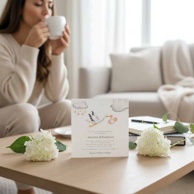 Flying Stork Clouds Stars Baby Shower Einladung (Von Creator hochgeladen)