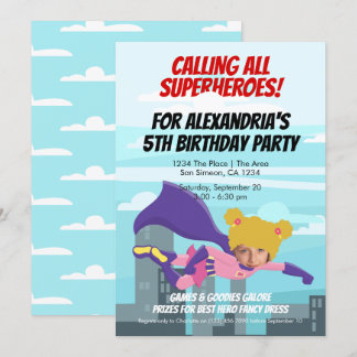 Flying Superhero Comic Geburtstagsparty (Girl) Einladung