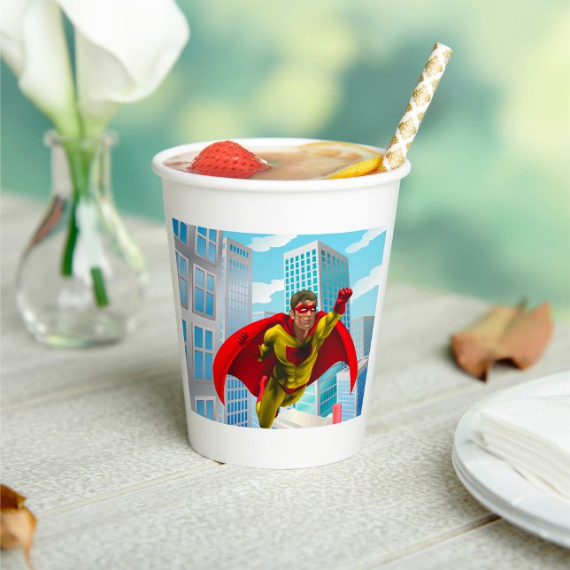 Flying Superhero Comic Style Red and Yellow Held Pappbecher (Von Creator hochgeladen)