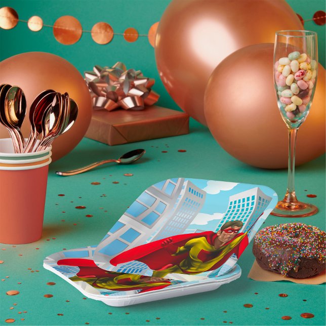 Flying Superhero Comic Style Red and Yellow Held Pappteller (Von Creator hochgeladen)