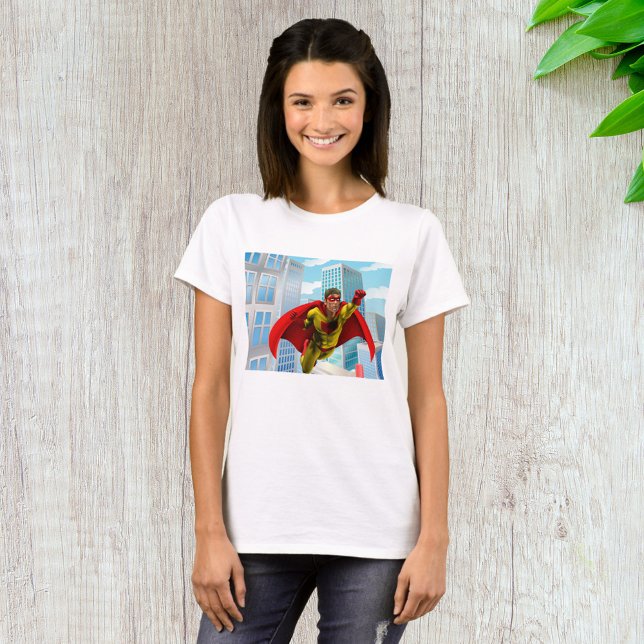 Flying Superhero Comic Style Red and Yellow Held T-Shirt (Von Creator hochgeladen)
