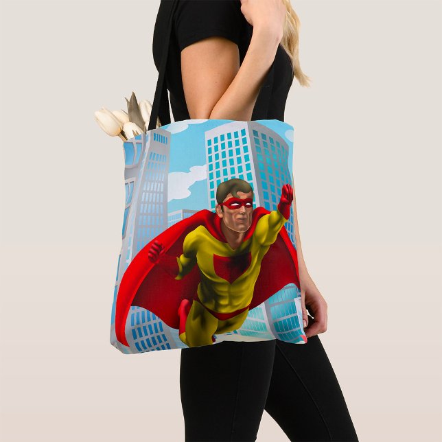 Flying Superhero Comic Style Red and Yellow Held Tasche (Von Creator hochgeladen)
