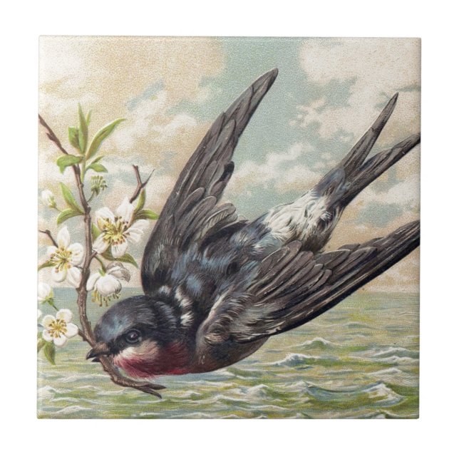Flying swallow with flower twig fliese (Vorderseite)