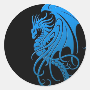 Flying Tribal Dragon - blau auf schwarz Runder Aufkleber