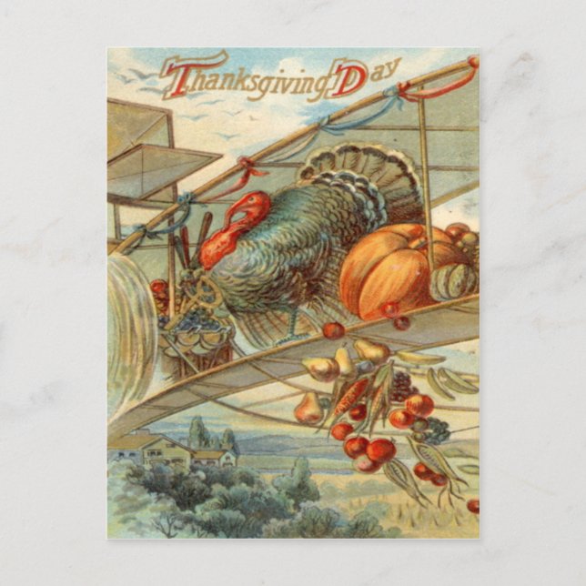 Flying Turkey Airplane Pumpkin Apple Pear Corn Postkarte (Vorderseite)
