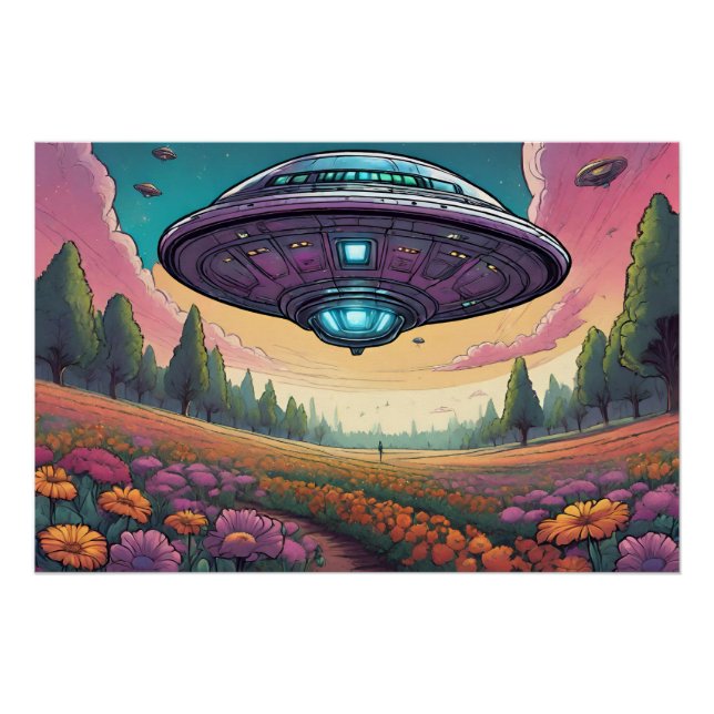 Flying UFOs über die Landschaft der Blume Poster (Vorderseite)