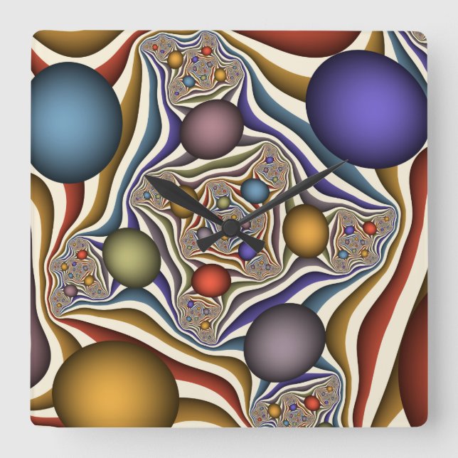 Flying Up, farbenfrohe, moderne, Abstrakte Fraktal Quadratische Wanduhr (Vorderseite)