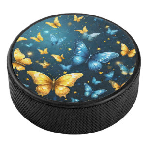 Flying von blauen und gelben Schmetterlingen Eishockey Puck