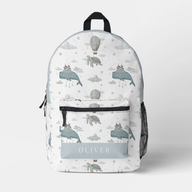 Flying Whale & Sea Turtle Hot Air Ballon Blue Bedruckter Rucksack (Vorderseite)