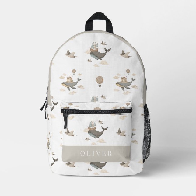 Flying Whale & Stingray Hot Air Ballon Beige Bedruckter Rucksack (Vorderseite)