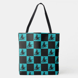 Flying Witch Black & Teal Checkered Tote Bag Tasche