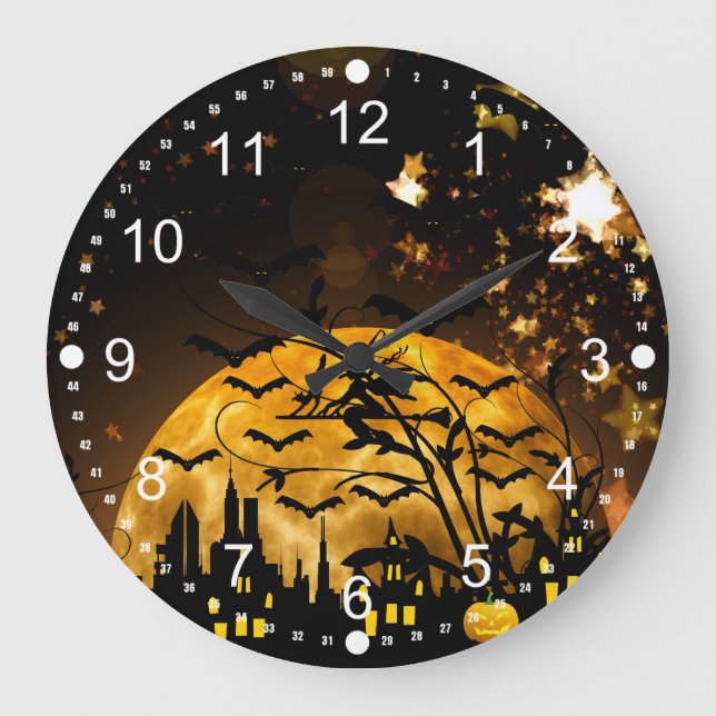 Flying Witch Harvest Moon Bats Halloween Gifts Große Wanduhr (Vorderseite)