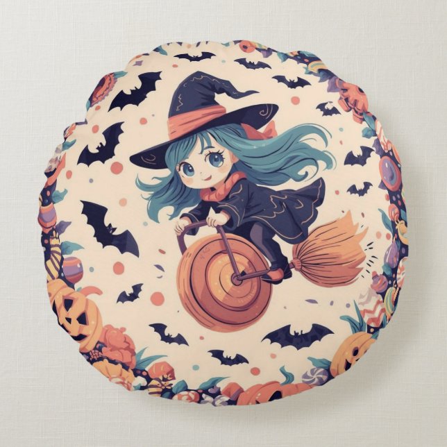 Flying Witch with Pumpkins Round Pillow Rundes Kissen (Vorderseite)