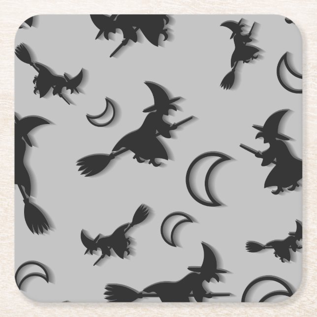 Flying witter zwischen Halbmond zu Halloween-Nacht Rechteckiger Pappuntersetzer (Vorderseite)