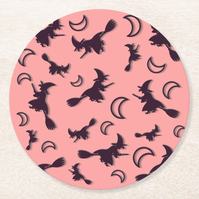 Flying witter zwischen Halbmond zu Halloween-Nacht Runder Pappuntersetzer (Vorderseite)