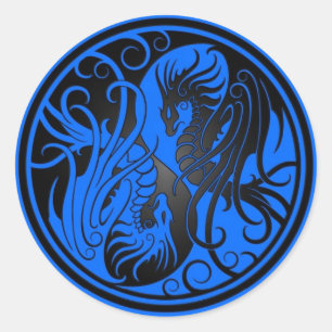 Flying Yin Yang Dragons - blau und schwarz Runder Aufkleber