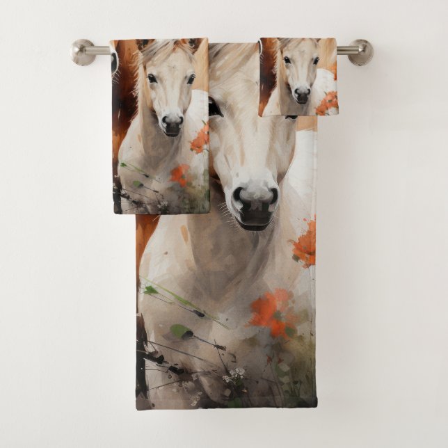 Foal et cheval dans la prairie de pavot (En situation)