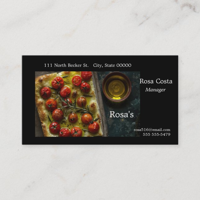 Focaccia mit Kirschtomaten von oben Visitenkarte (Vorderseite)