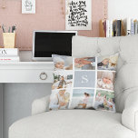Fog Gray Monogram Fotomaterial Collage Kissen<br><div class="desc">Passen Sie dieses Kissen mit acht quadratischen Fotos an,  die in einer Rasterkollage angeordnet sind,  wobei Ihr Single eine erste Monogramm in nebelgrau im Mittelpunkt hat. Das Kissen kehrt zu einem subtilen gepunkteten Diamantmuster in Grautönen und Weiß zurück.</div>