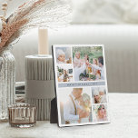 Fog Gray Stripe FotoCollage Fotoplatte<br><div class="desc">Die Chic Foto Collage Plaque besteht aus sechs quadratischen Fotos (2 große, 4 kleine), die in einem Gitter mit einem nebelgrauen Streifen durch die Mitte angeordnet sind. Personalisieren Sie Ihre persönliche Beschriftung, Ihren Familiennamen und/oder Ihr Jahr. Ideal für die Darstellung Ihres Fotoportfolios oder geschätzter familiärer Fotos.</div>