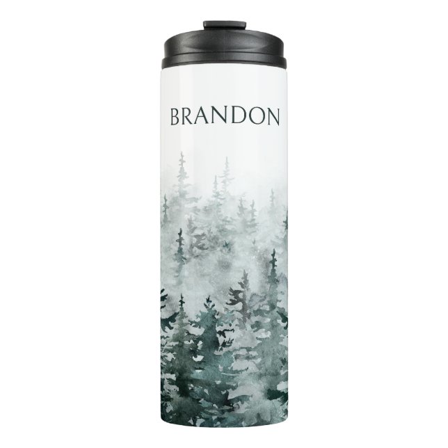 Foggy-Forest-Kiefern personalisierter Name Thermosbecher (Vorderseite)