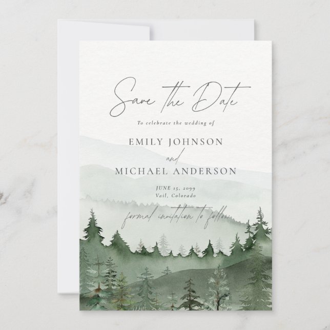 Foggy Forest Pine Tree Save the Date CARD Einladung (Vorderseite)