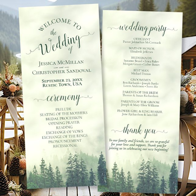 Foggy Green Mountain Pine Forest Rustikale Hochzei Programm (Front/Back)