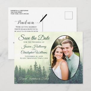 Foggy Green Pine Trees Oval Foto Save the Date Ankündigungspostkarte
