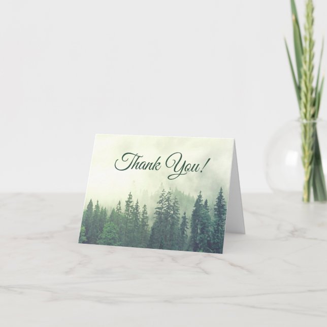 Foggy Green Pines Simple Rustic Wedding Foto Dankeskarte (Vorderseite)