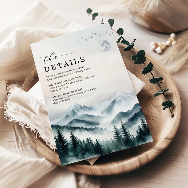 Foggy Moon Mountains Forest Wedding Details Begleitkarte (Von Creator hochgeladen)