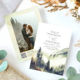Foggy Mountain Pines Rustikaler QR Code Hochzeit Einladung