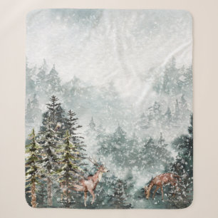 Foggy Mountain Snowy Winter Wald Wald Hirsche Sherpadecke