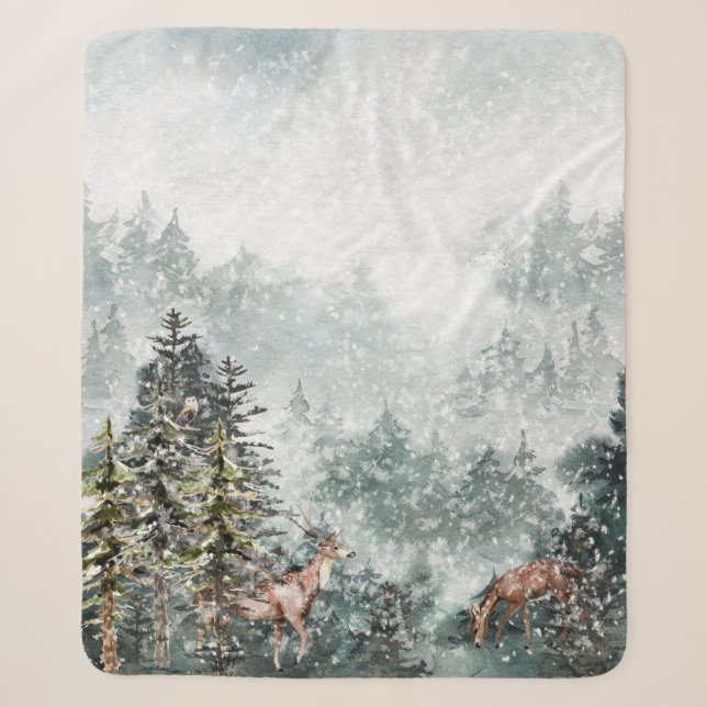 Foggy Mountain Snowy Winter Wald Wald Hirsche Sherpadecke (Vorderseite)