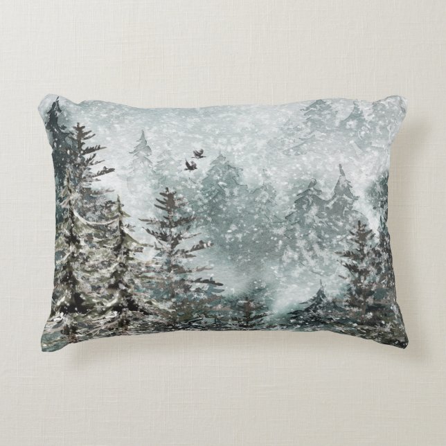 Foggy Mountain Snowy Woodland Forest Ravens Dekokissen (Vorderseite)