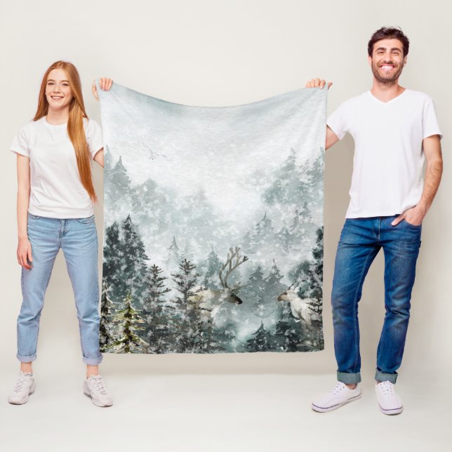 Foggy Mountain Woodland Forest Stag Deer Fleecedecke (Beispiel)