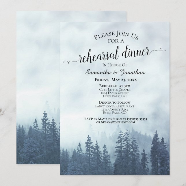Foggy Pine Woods Blue Wedding Probe & Dinner Einladung (Vorne/Hinten)