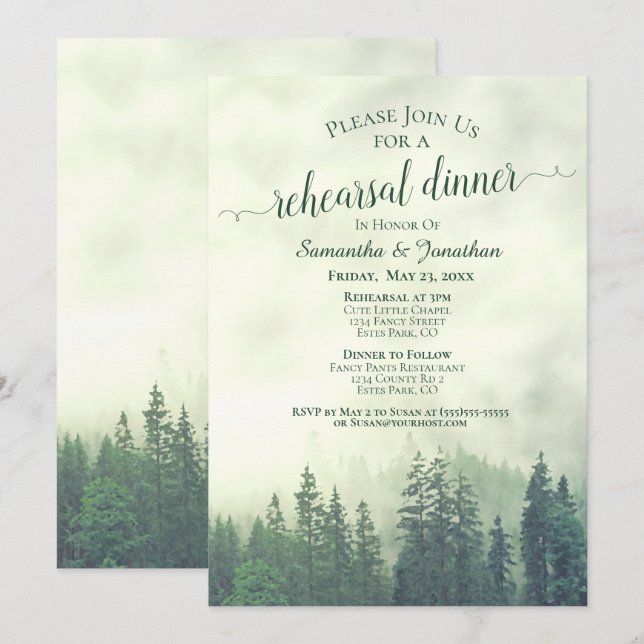 Foggy Pine Woods Green Wedding Probe & Dinner Einladung (Vorne/Hinten)