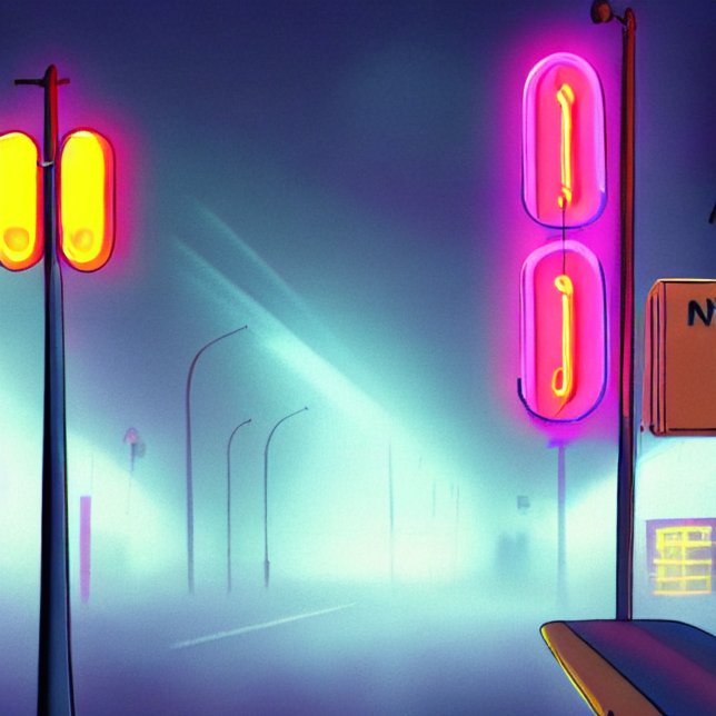 Foggy Street Überschwemmt von Leuchttürmen und Neo Poster (Von Creator hochgeladen)