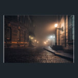 Foggy Victorian Cobblestone Alley Glow Fotodruck<br><div class="desc">Thick fog envelops a narrow Victorian cobblestone alley lit by warm amber street lamps mounted on elegant wrought-iron brackets. Tall Georgian brick buildings with tall windows rise on both sides, their details softened by the mist that turns every light into a glowing halo. The curving lane fades into impenetrable darkness,...</div>