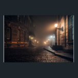Foggy Victorian Cobblestone Alley Glow Poster<br><div class="desc">Thick fog envelops a narrow Victorian cobblestone alley lit by warm amber street lamps mounted on elegant wrought-iron brackets. Tall Georgian brick buildings with tall windows rise on both sides, their details softened by the mist that turns every light into a glowing halo. The curving lane fades into impenetrable darkness,...</div>