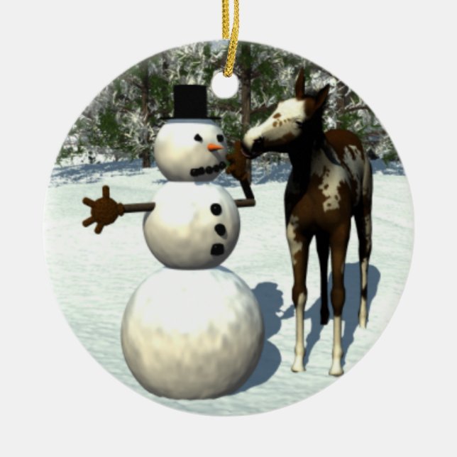 Fohlen-und Snowman-Keramik-Weihnachtsverzierung Keramik Ornament (Vorne)