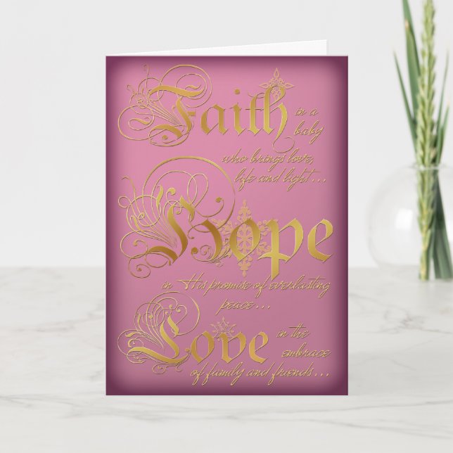 Foi, Espoir, Aimer Pink et Gold Carte de Noël (Devant)