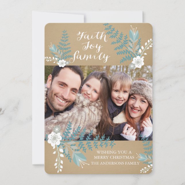 Foi Joy et famille Blue Floral Holiday Carte photo (Devant)