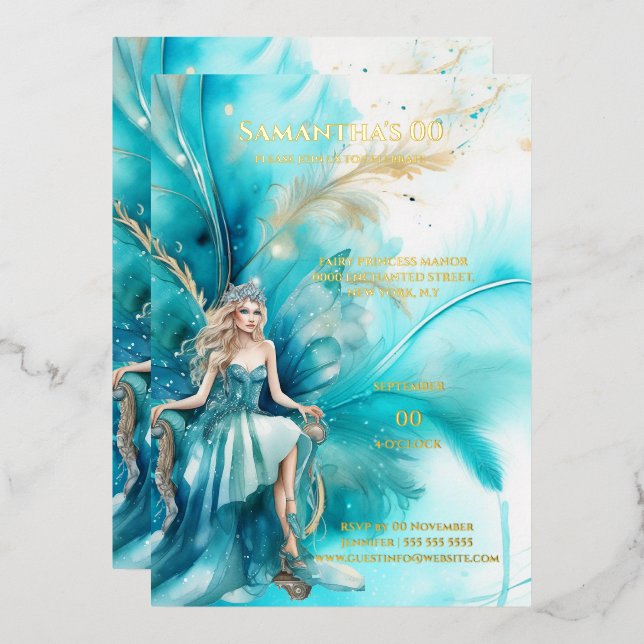 Foil Aquarellmärchen Prinzessin aquamarines Goldbl Folieneinladung (Vorderseite/Rückseite)
