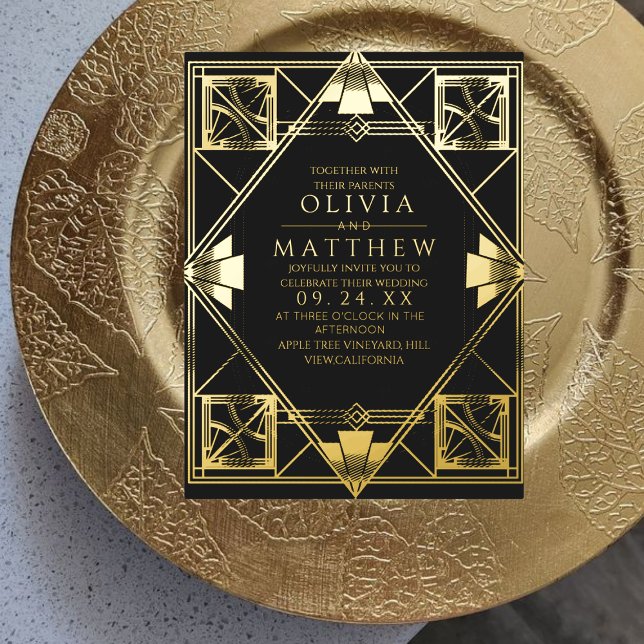 Foil Art Deco Moderne Schwarze Hochzeit Einladung (Von Creator hochgeladen)