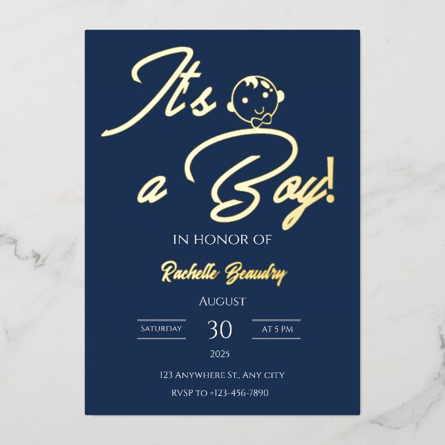 Foil Baby Shower Card – Blue Theme Folieneinladung (Vorderseite)
