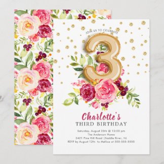 Foil Balloon Floral 3. Geburtstag Einladung